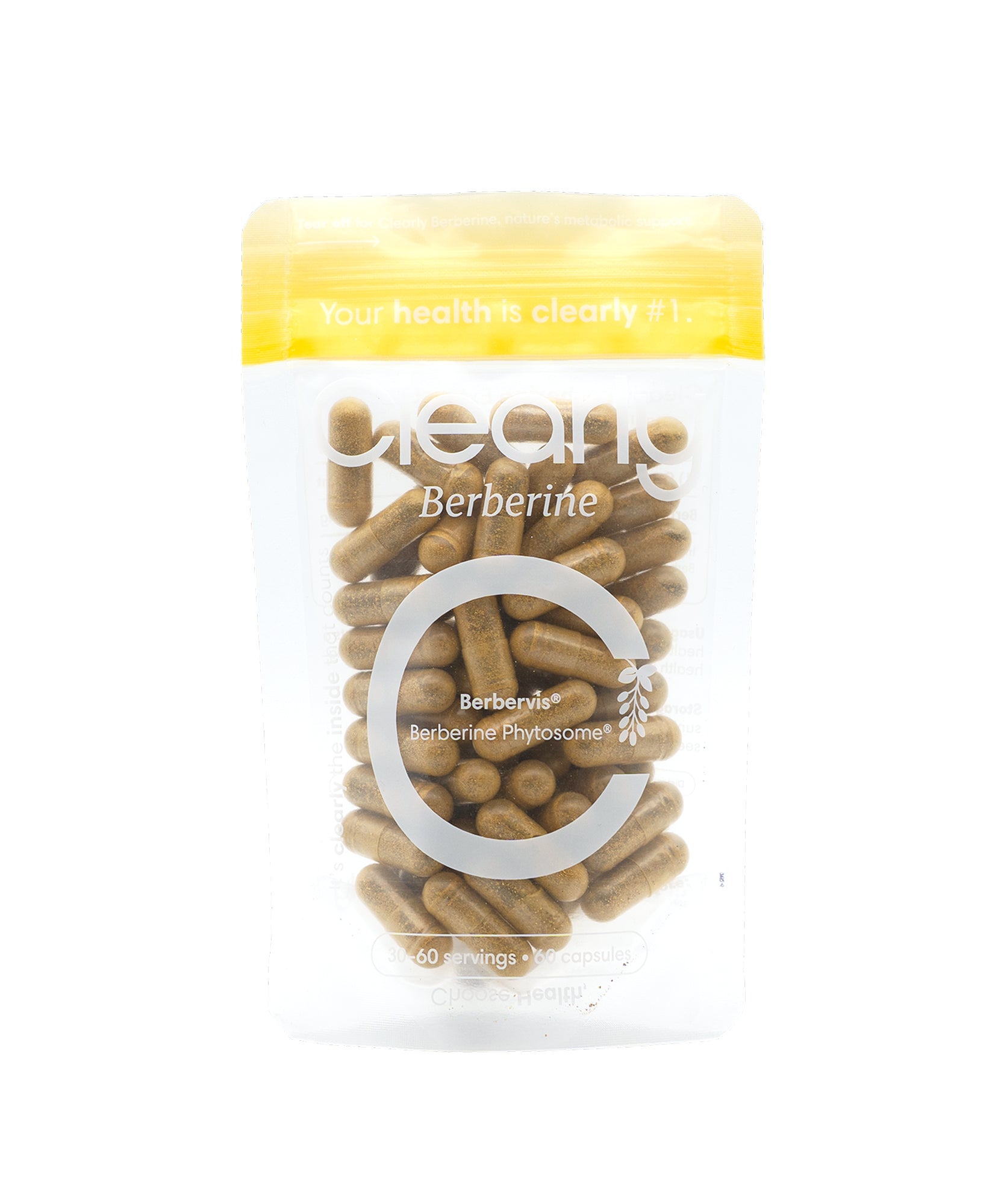 Clearly Berberine capsules in a bottle, showing the front label with product name and supplement details.