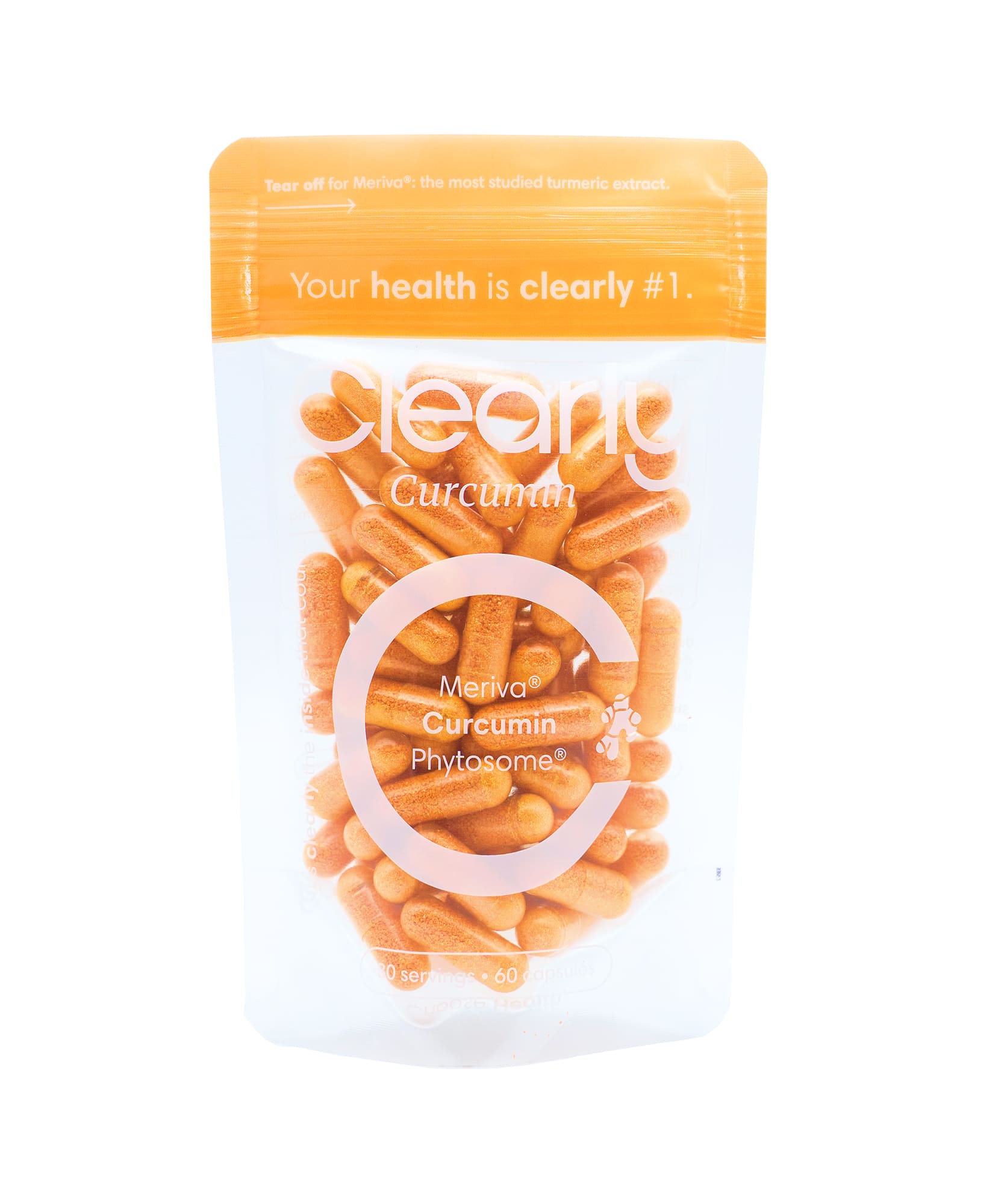 Clearly Curcumin capsules in a bottle with a label, showcasing the supplement's front design and branding.