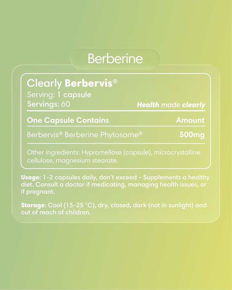 Clearly Berberine capsules bottle with label showing product details and branding, set against a plain background.
