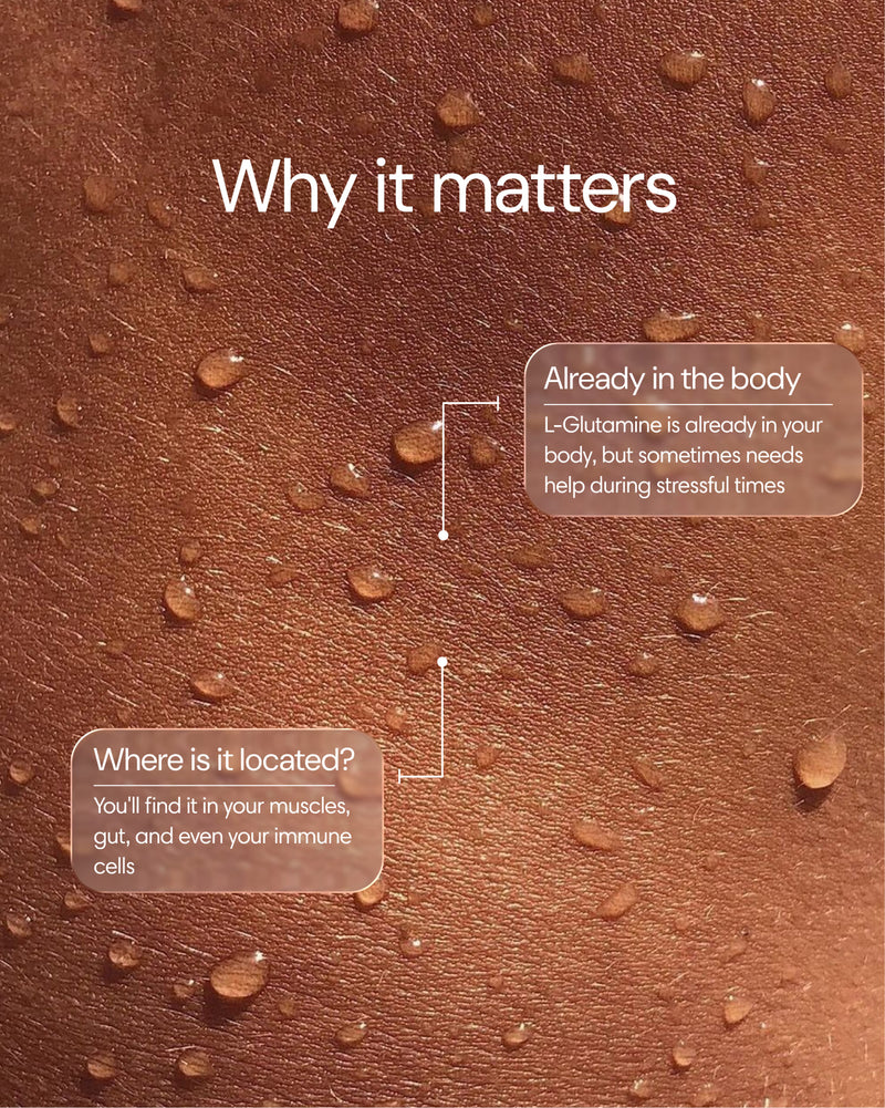 Clear L-glutamine supplement bottle with label, showcasing the product's benefits and natural ingredients for muscle recovery and health.