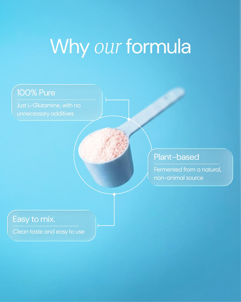 Clearly L-glutamine supplement powder in a white container, showing the label and scoop for dietary amino acid support.