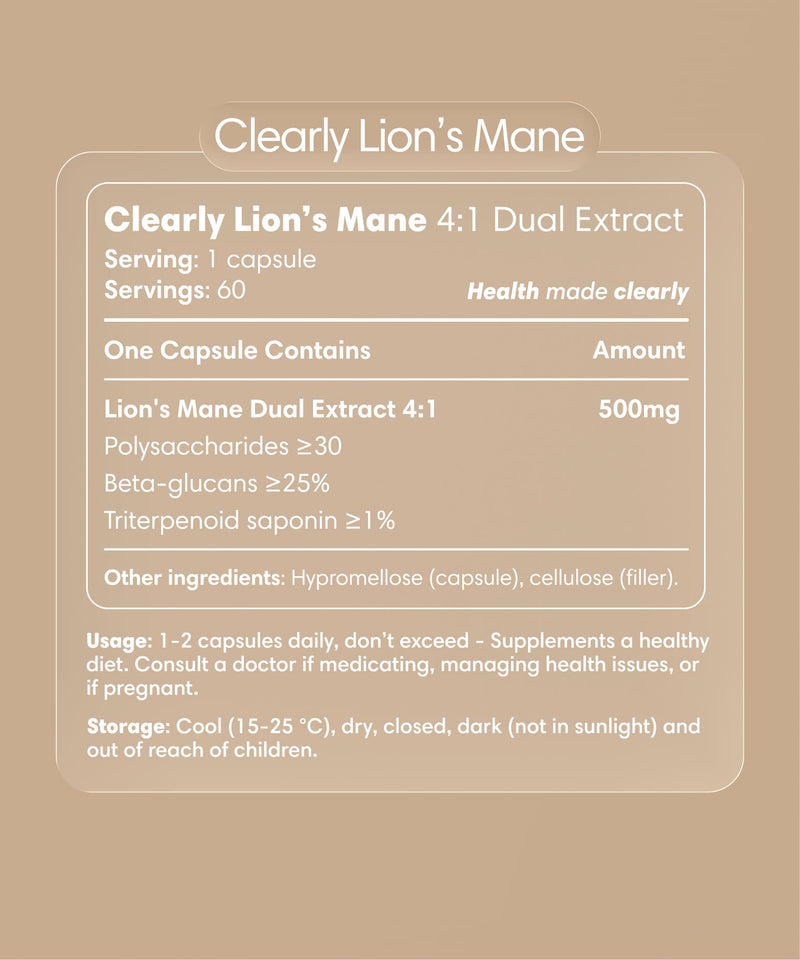 Clearly Lion's Mane capsules label showing supplement packaging with natural mushroom imagery and product details.