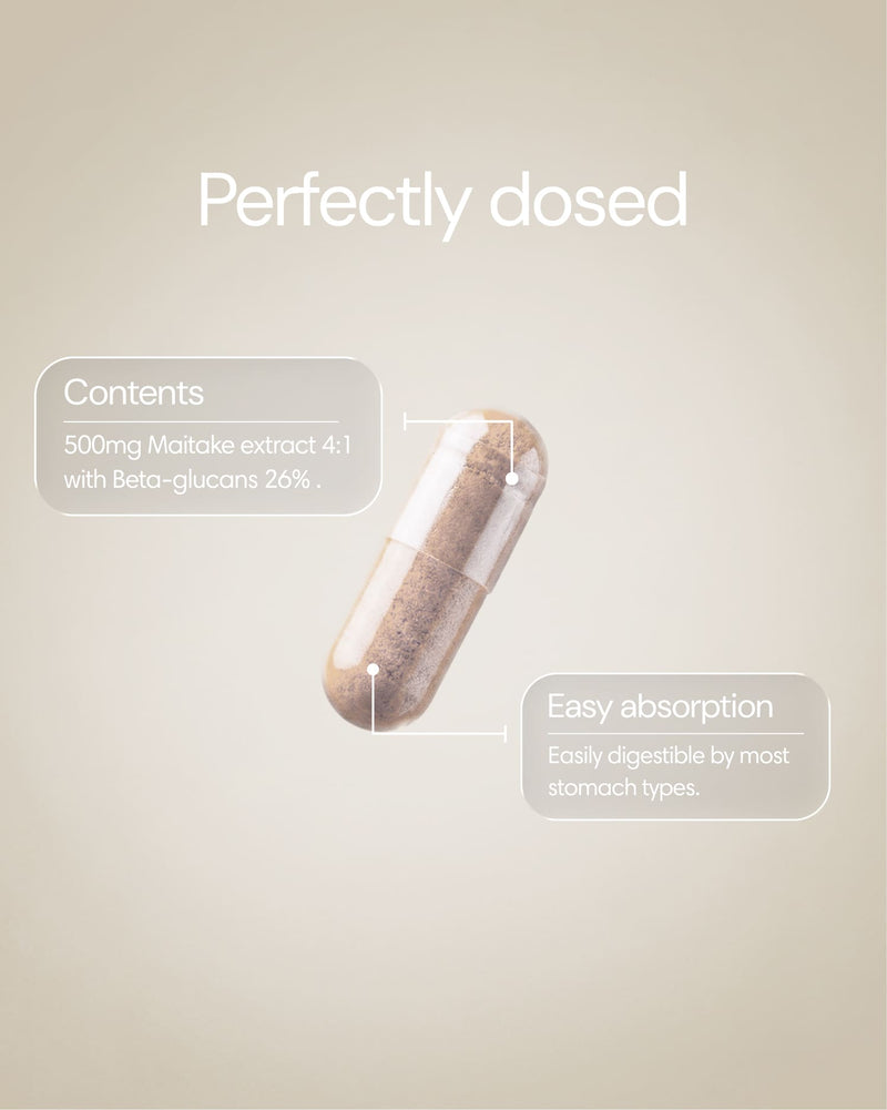Clearly Maitake mushroom supplement capsules, close-up of the supplement bottle with capsules inside.