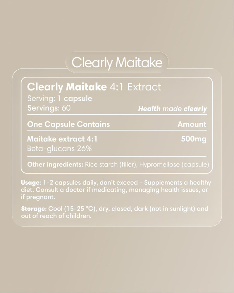 Clearly Maitake mushroom supplement bottle with label, showcasing the product's branding and packaging.