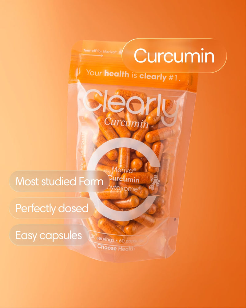 Clearly Curcumin capsules in a bottle, showing the front label with yellow and orange design elements.