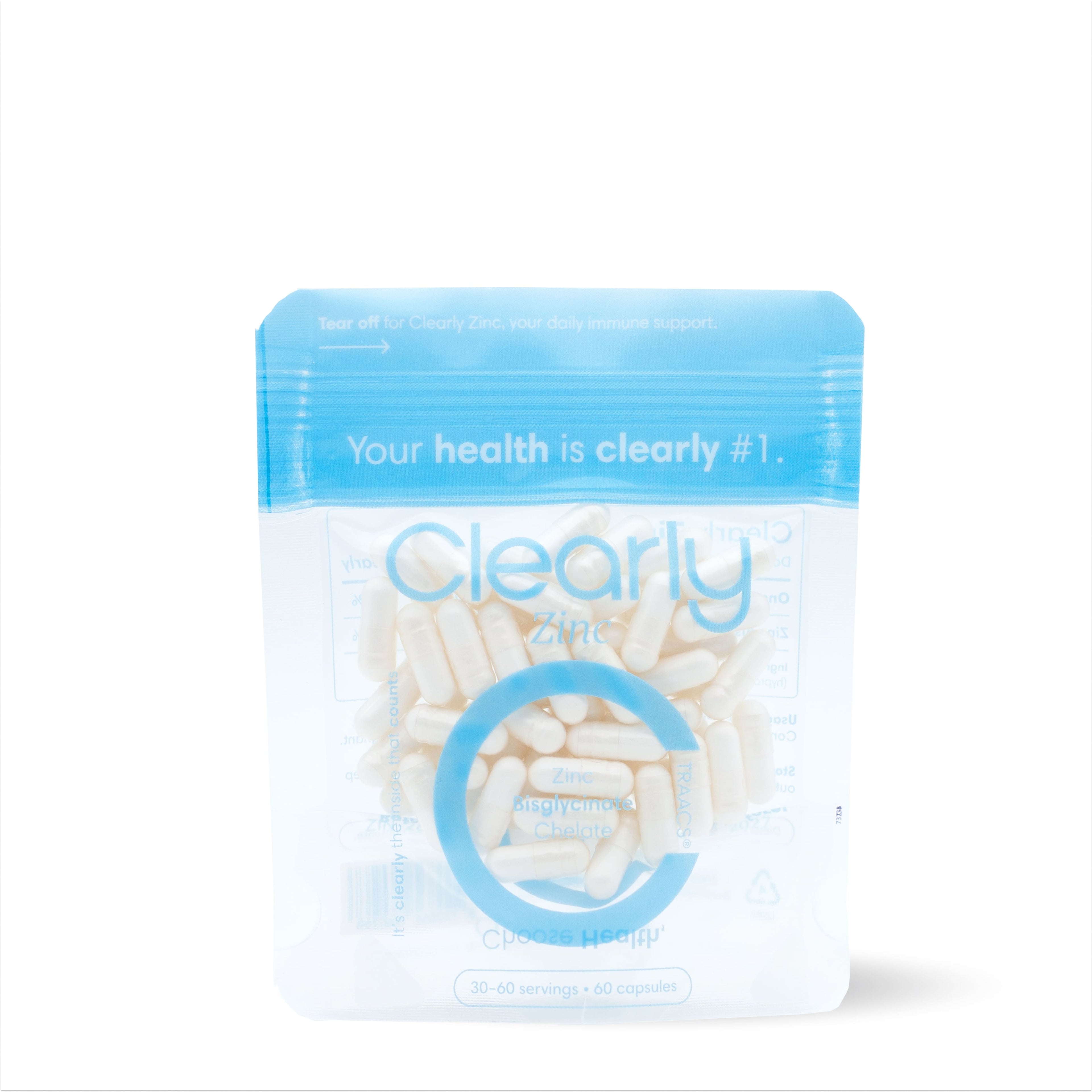 Bottle of Clearly Zinc supplements showing the label, with zinc tablets and packaging in a clean, well-lit setting.