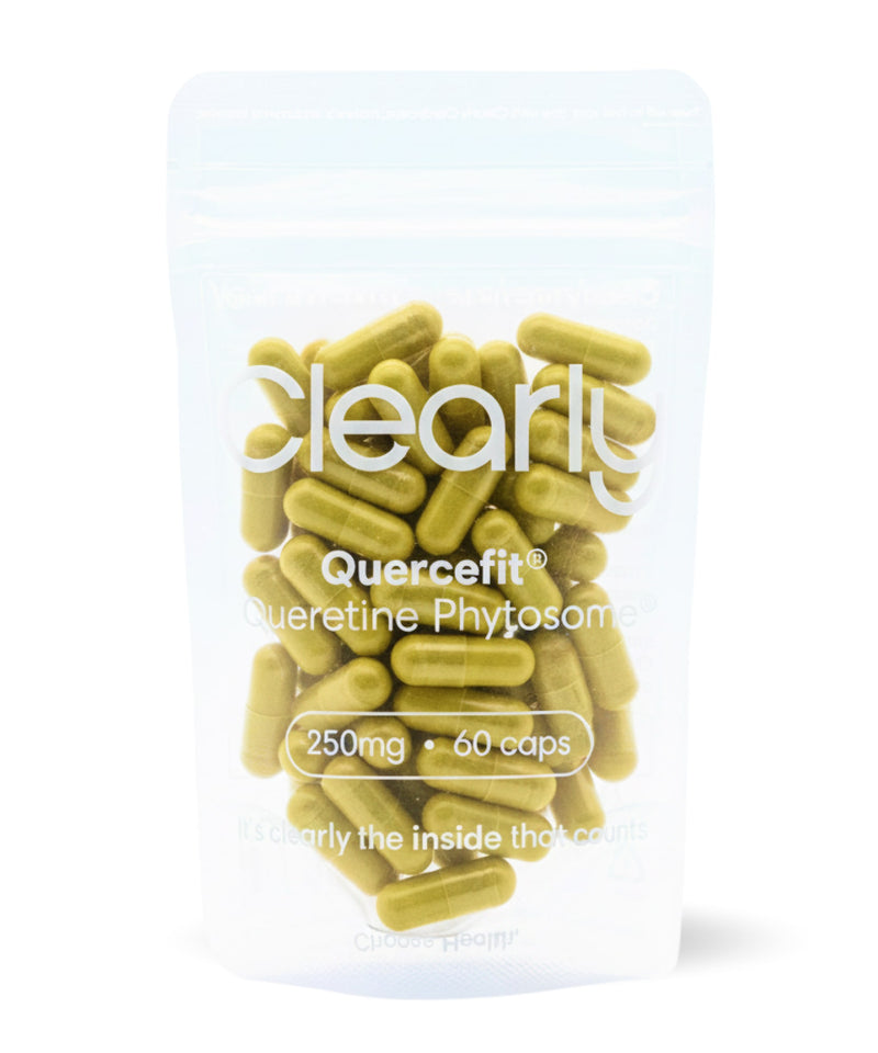 Clearly Quercetin capsules in a bottle, showing the supplement's front label with the Quercefit branding and product details.
